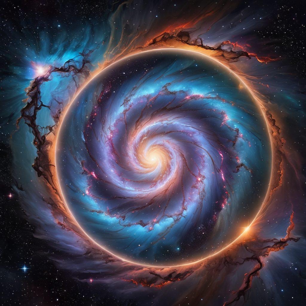 A breathtaking cosmic scene showcasing the swirling depths of dark matter intermingling with vibrant celestial formations. Shimmering stars and nebulae burst with color amidst a dark void, suggesting the intricate dance of gravity and cosmic energy. Silhouettes of distant galaxies and a hint of a supernova add depth to the image, evoking a sense of mystery and exploration. Mystical light effects spiral around, inviting viewers into the unknown. super-realistic. vibrant colors. cosmic theme.