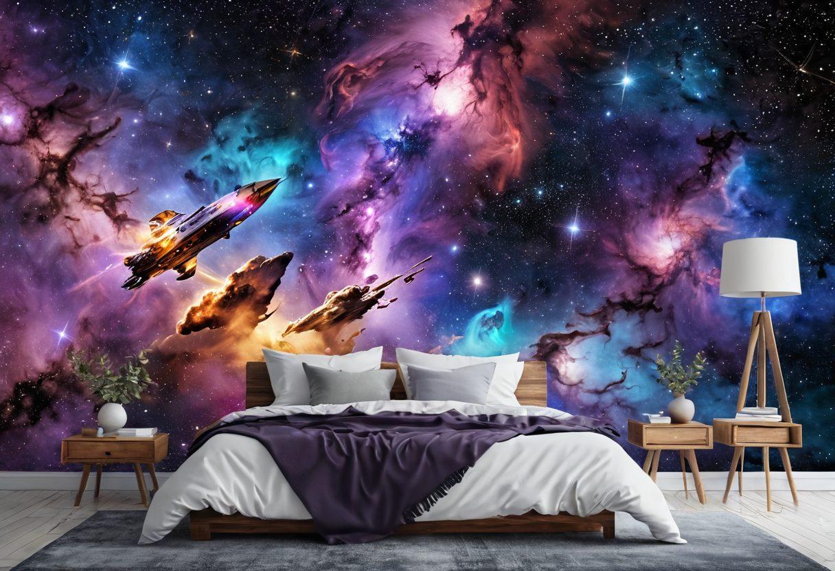 A breathtaking cosmic scene featuring vibrant, swirling nebulae in shades of purple, blue, and gold, with brilliant stars and celestial formations illuminating the scene. Include a silhouette of a whimsical spaceship soaring through the nebula, evoking a sense of adventure and wonder. The background should be a deep, starry space filled with distant galaxies. super-realistic. vibrant colors. cosmic theme.