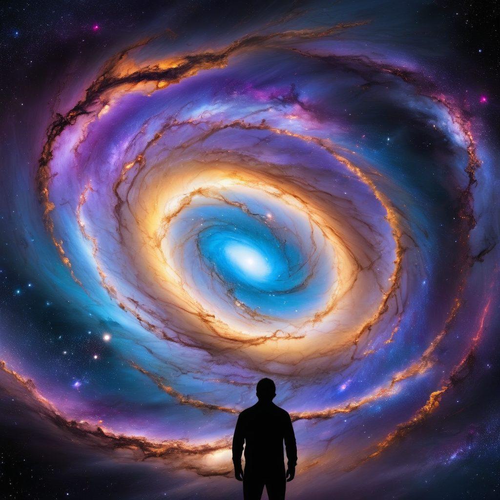 A breathtaking cosmic scene showcasing a vibrant helix galaxy transforming into an awe-inspiring quasar at the center, surrounded by swirling stardust and brilliant nebulae. Layers of deep blues and purples blend with striking bursts of white and gold, representing ecstatic discoveries in the universe. Include a silhouette of a scientist gazing in wonder, emphasizing the connection between humanity and cosmic phenomena. super-realistic. vibrant colors. expansive space background.